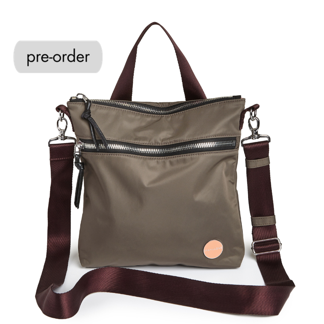 shortyLOVE amuse medium sized crossbody bag in mocha; front view against white background.
