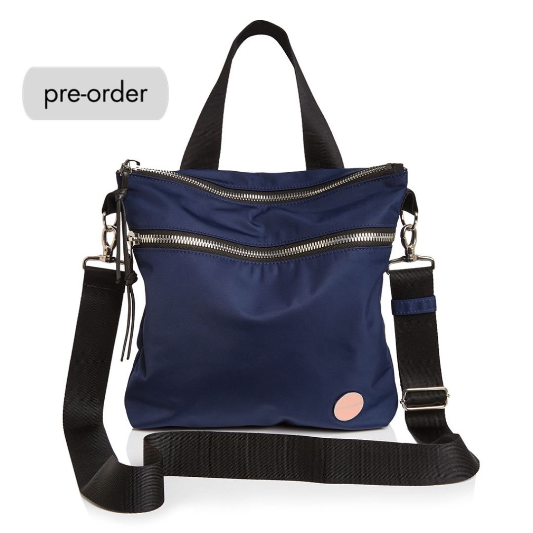 shortyLOVE amuse medium sized crossbody bag in navy; front view against white background.