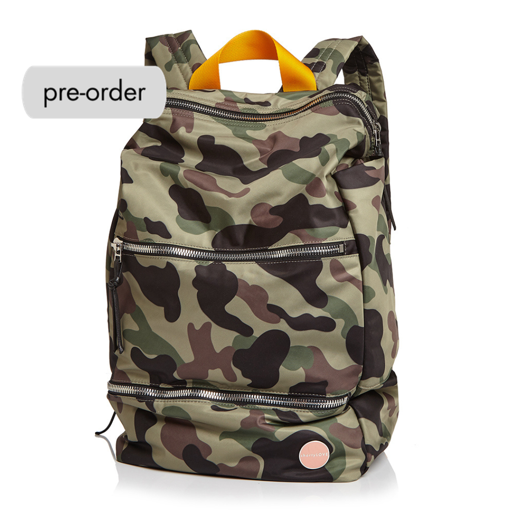 shortyLOVE boxer backpack bag in green camo; front view against white background.