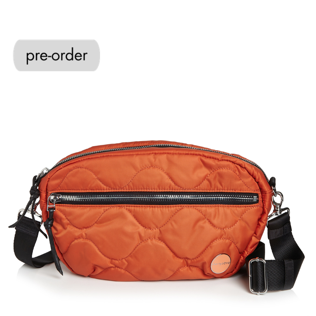 shortyLOVE cruiser medium crossbody bag in orange; front view against white background.