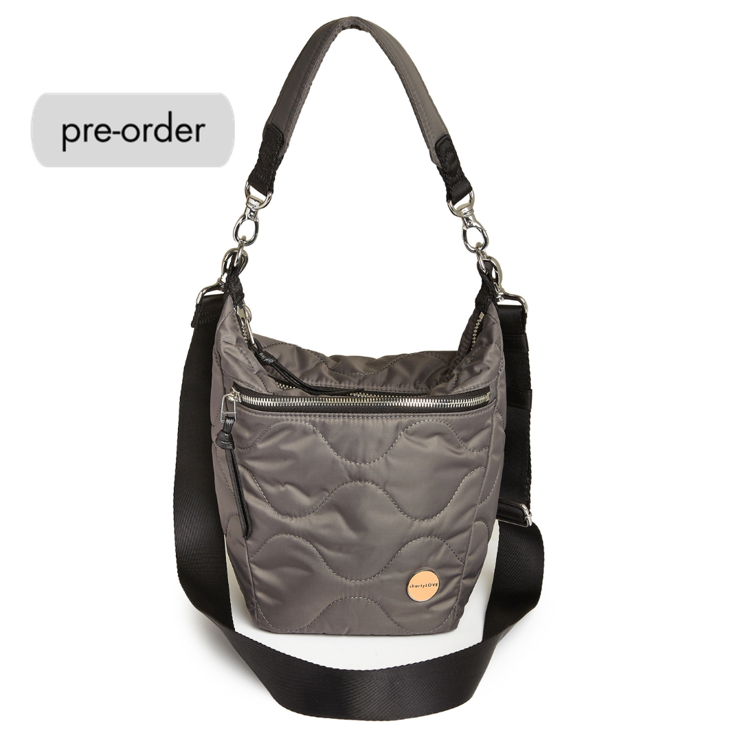 shortyLOVE marcel crossbody bucket bag in pewter; front view against white background.