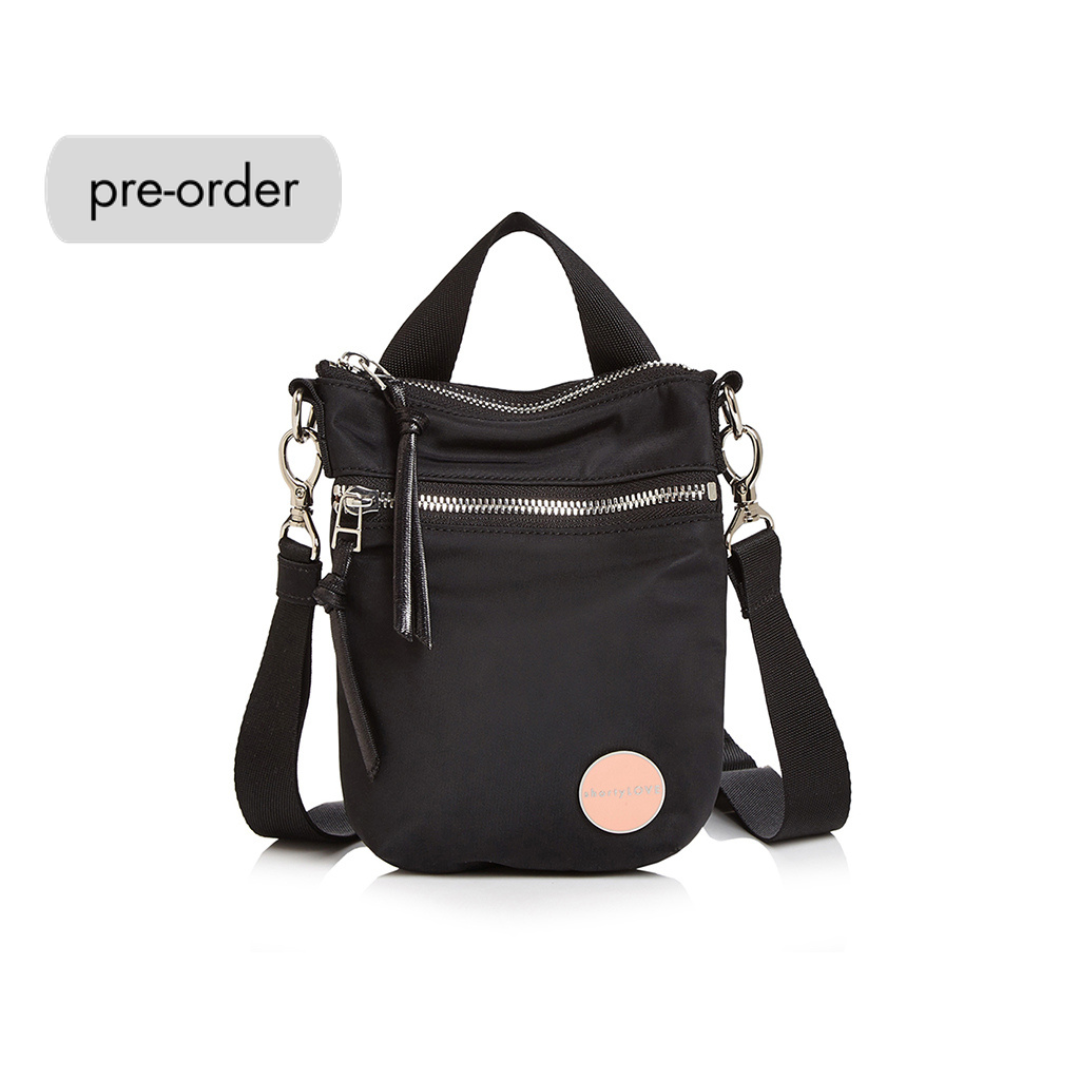 shortyLOVE shorthand women’s designer crossbody handbag in black; front view against white background
