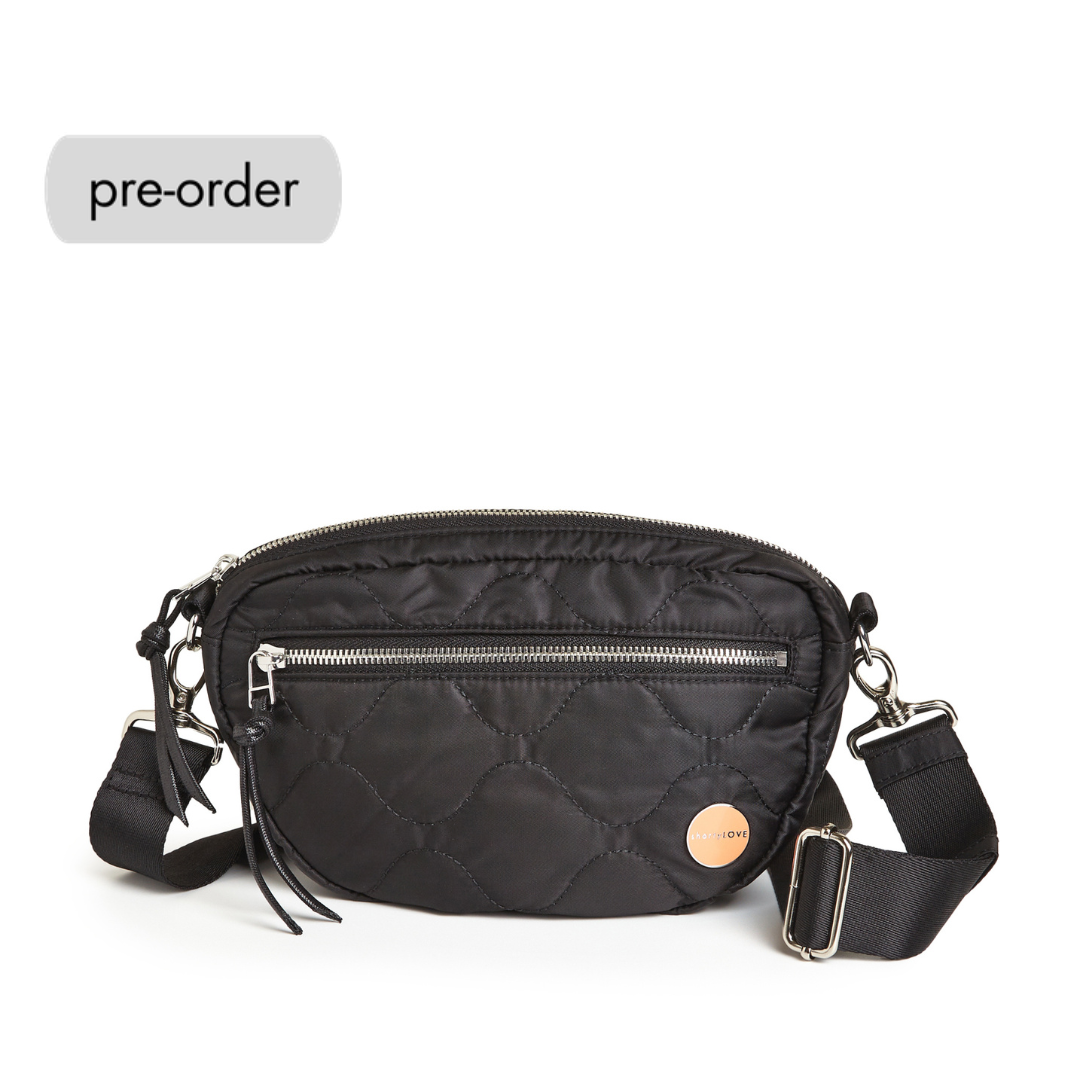 shortyLOVE small cruiser women’s designer nylon crossbody handbag in black; front view against white background