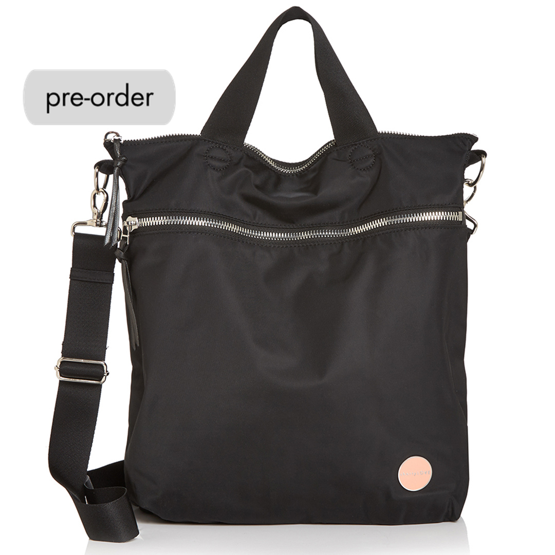 shortyLOVE large women’s designer crossbody/messenger handbag in black; front view against white background