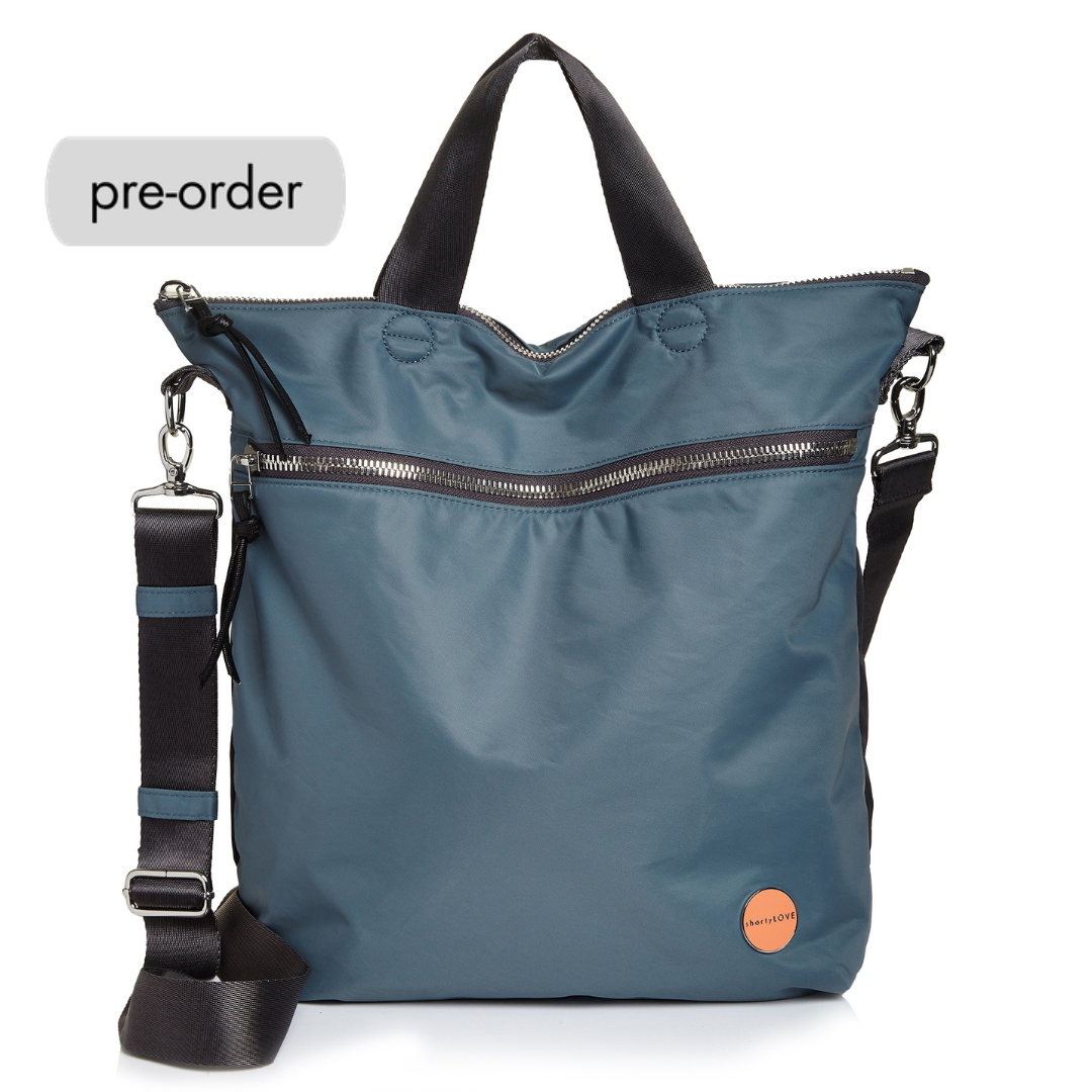 shortyLOVE wonder large crossbody/messenger bag in steel blue/charcoal; front view against white background.