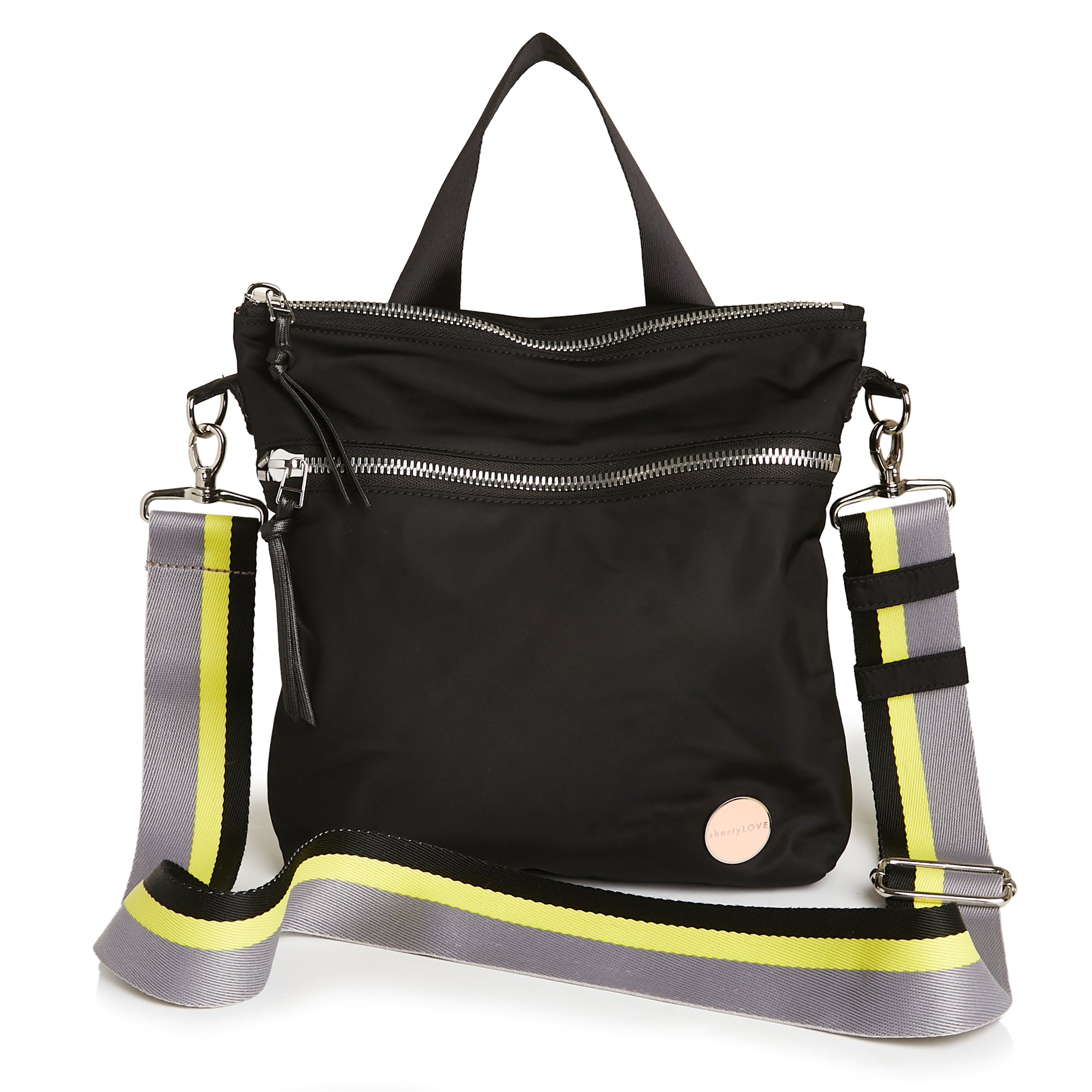 shortyLOVE boardwalk strap in grey/yellow/black; shown with amuse bag in black.