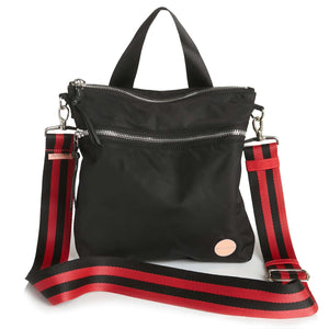 shortyLOVE boardwalk strap in red/black; shown with amuse bag in black.
