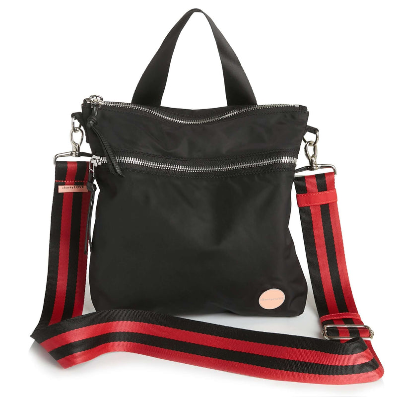 shortyLOVE boardwalk strap in red/black; shown with amuse bag in black.