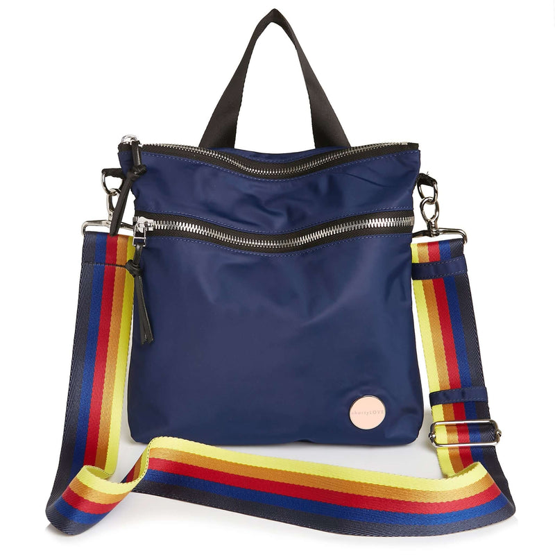 shortyLOVE boardwalk strap in rainbow; shown with amuse bag in navy.
