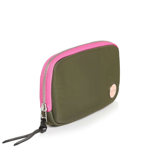 shortyLOVE jetty clutch/wallet in army green; side angle view against white background.