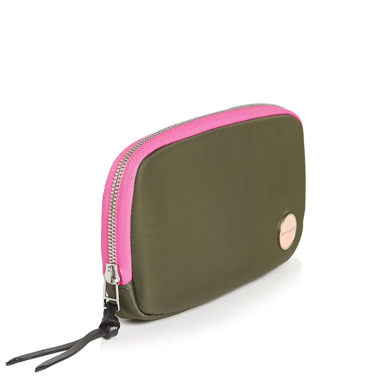 shortyLOVE jetty clutch/wallet in army green; side angle view against white background.