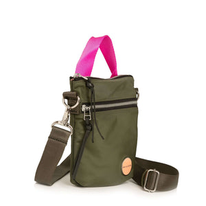 shortyLOVE shorthand crossbody phone bag in army green; side angle view against white background.