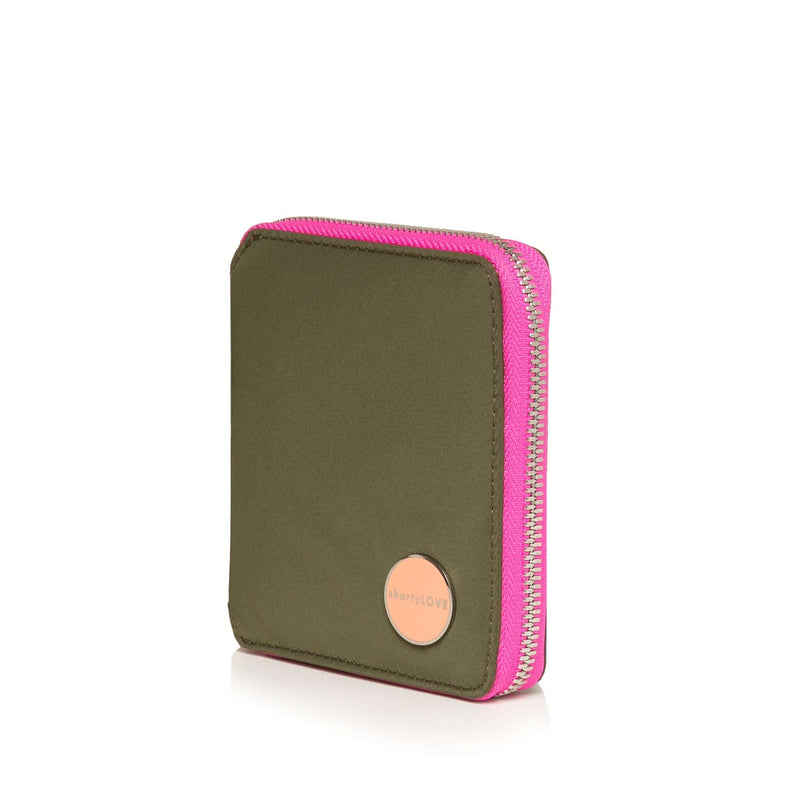 shortyLOVE merchant small wallet in army green; side angle view against white background.
