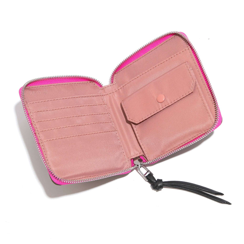 shortyLOVE merchant small wallet in army green; top-down view showing interior pink lining against white background.