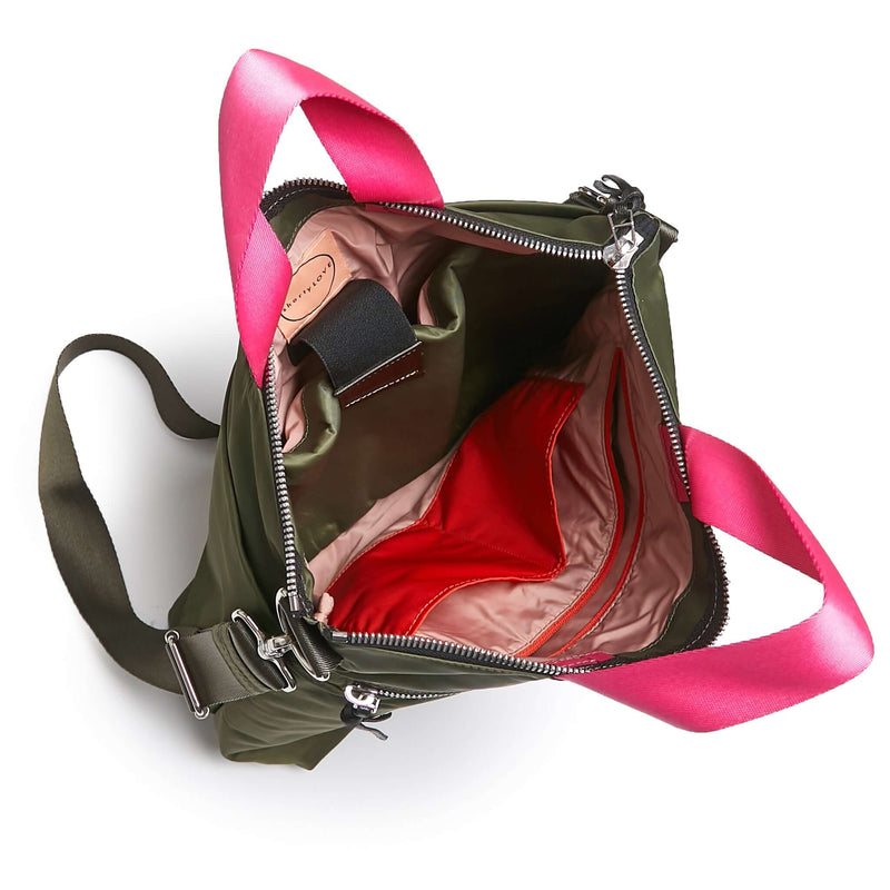 shortyLOVE wonder large crossbody/messenger bag in army green; top-down view showing interior pink lining against white background.