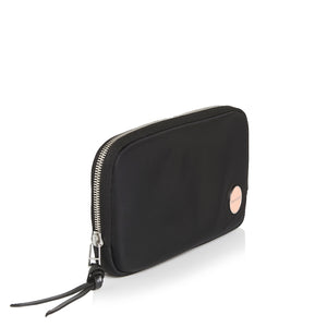 shortyLOVE jetty clutch/wallet in black; side angle view against white background.