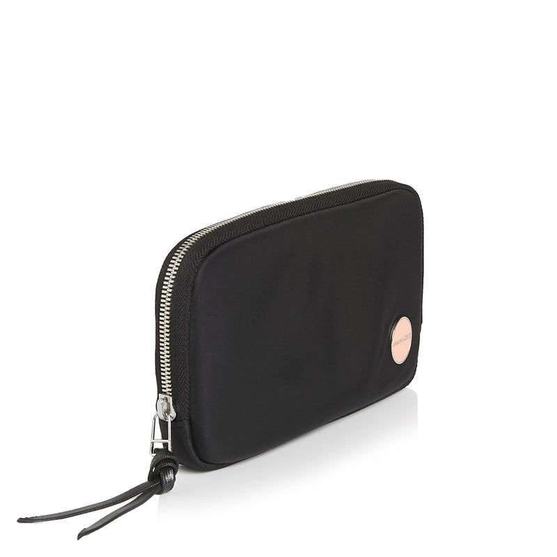 shortyLOVE jetty clutch/wallet in black; side angle view against white background.