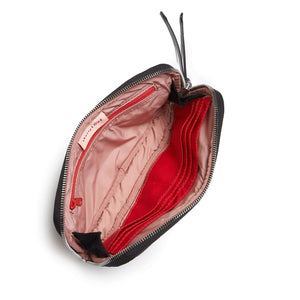 shortyLOVE jetty clutch/wallet in black; top-down view showing interior pink lining against white background.