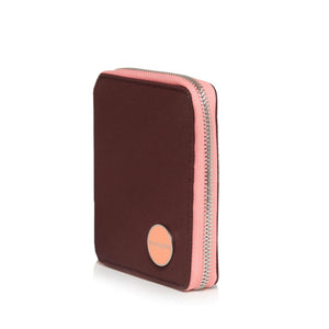 shortyLOVE merchant small wallet in burgundy; side angle view against white background.