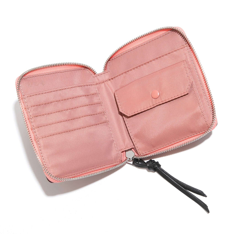 shortyLOVE merchant small wallet in burgundy; top-down view showing interior pink lining against white background.