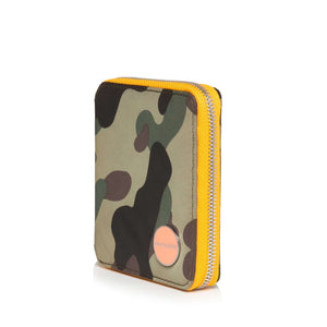shortyLOVE merchant small wallet in green camo; side angle view against white background.