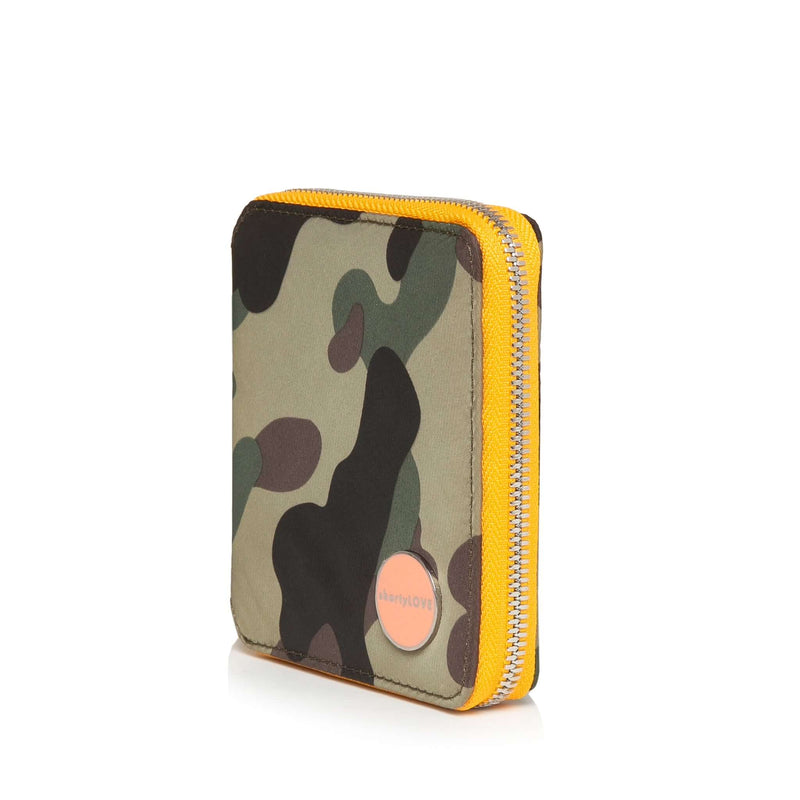 shortyLOVE merchant small wallet in green camo; side angle view against white background.