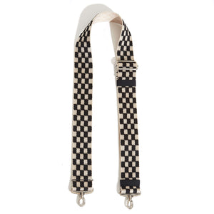 shortyLOVE boardwalk strap in black/white checker; top view open against white background.