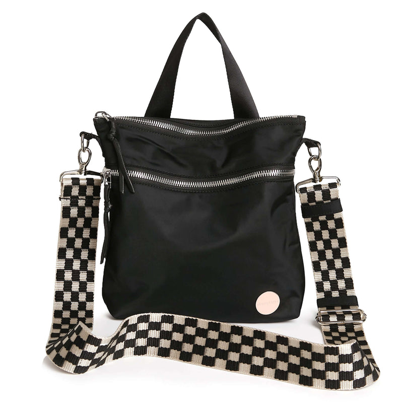 shortyLOVE boardwalk strap in black/white checker; shown with amuse bag in black.