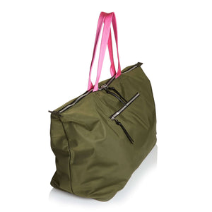 shortyLOVE friday weekender travel bag in army green; side angle view against white background.