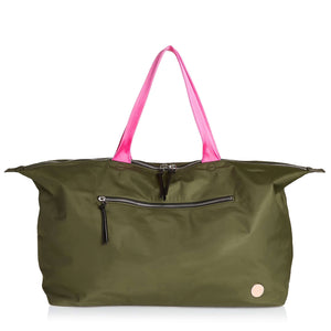 shortyLOVE friday weekender travel bag in army green; front view against white background.