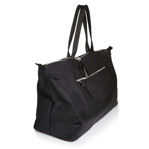 shortyLOVE friday weekender travel bag in black; side angle view against white background.