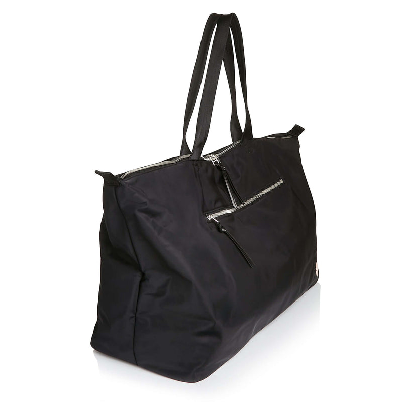 shortyLOVE friday weekender travel bag in black; side angle view against white background.