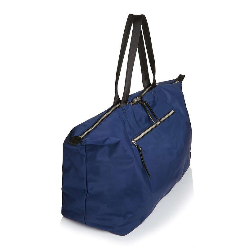 shortyLOVE friday weekender travel bag in navy; side angle view against white background.