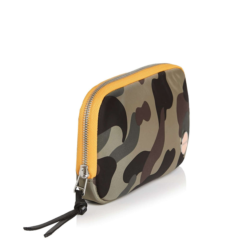 shortyLOVE jetty clutch/wallet in green camo; side angle view against white background.