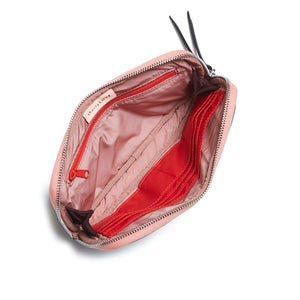 shortyLOVE jetty clutch/wallet in burgundy; top-down view showing interior pink lining against white background.