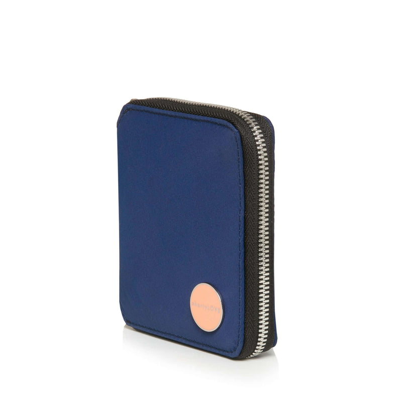 shortyLOVE merchant small wallet in navy; side angle view against white background.