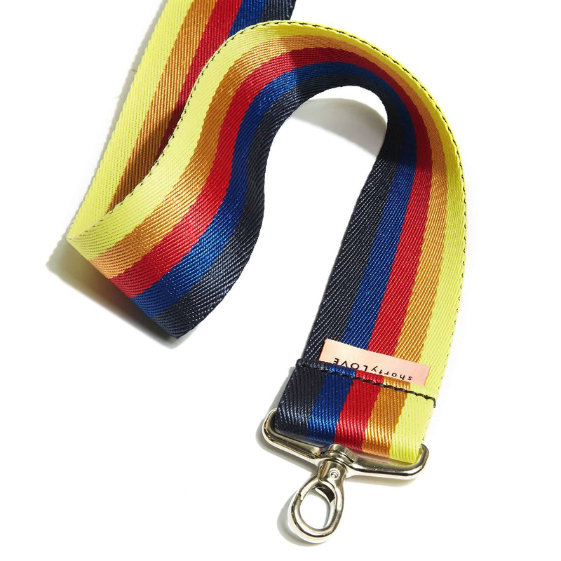shortyLOVE boardwalk strap in rainbow; close up view against white background.