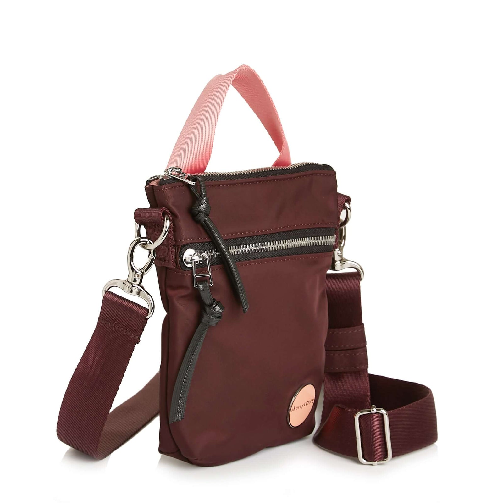 shortyLOVE shorthand small crossbody bag in burgundy; front view against white background.