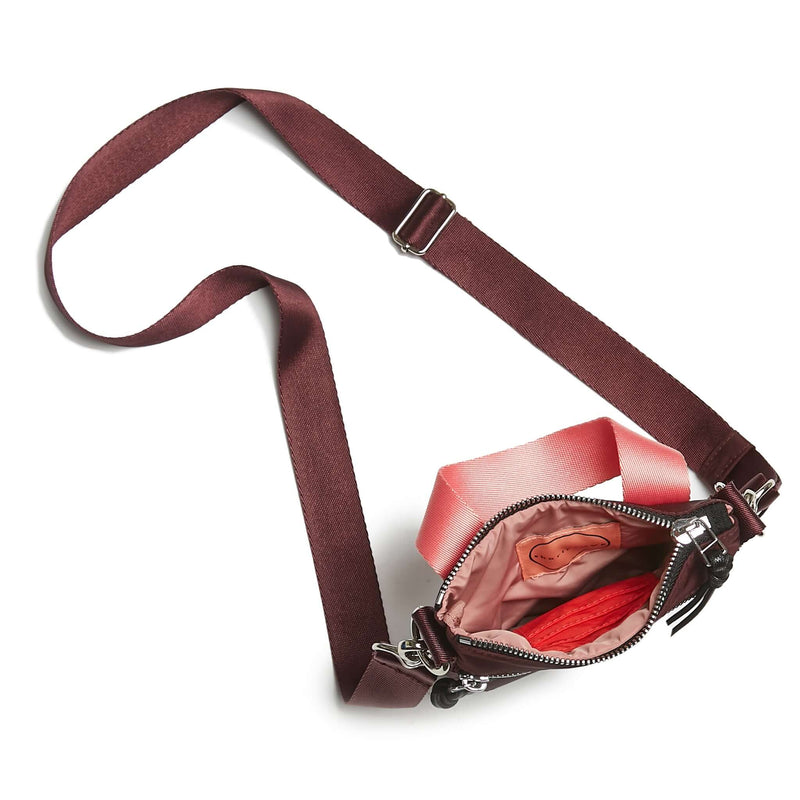 shortyLOVE shorthand small crossbody bag in burgundy; top-down view showing interior pink lining against white background.