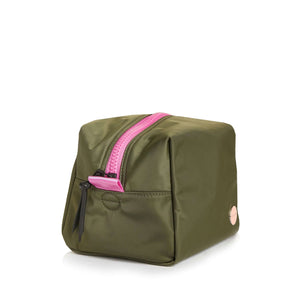shortyLOVE stevie cosmetic bag in army green; side angle view against white background.