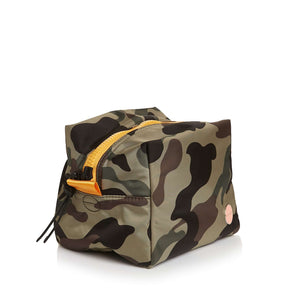 shortyLOVE stevie cosmetic bag in green camo; side angle view against white background.