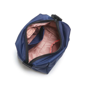 shortyLOVE stevie cosmetic bag in navy; top-down view showing interior pink lining against white background.