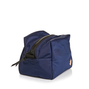 shortyLOVE stevie cosmetic bag in navy; side view against white background.