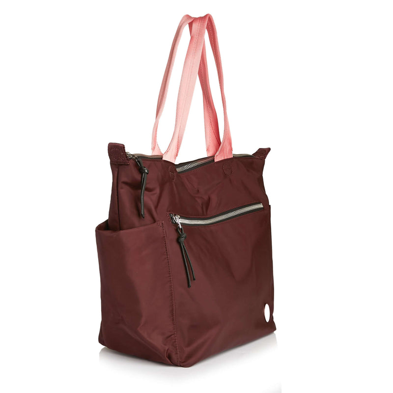 shortyLOVE tillie tote bag in burgundy; side angle view against white background.