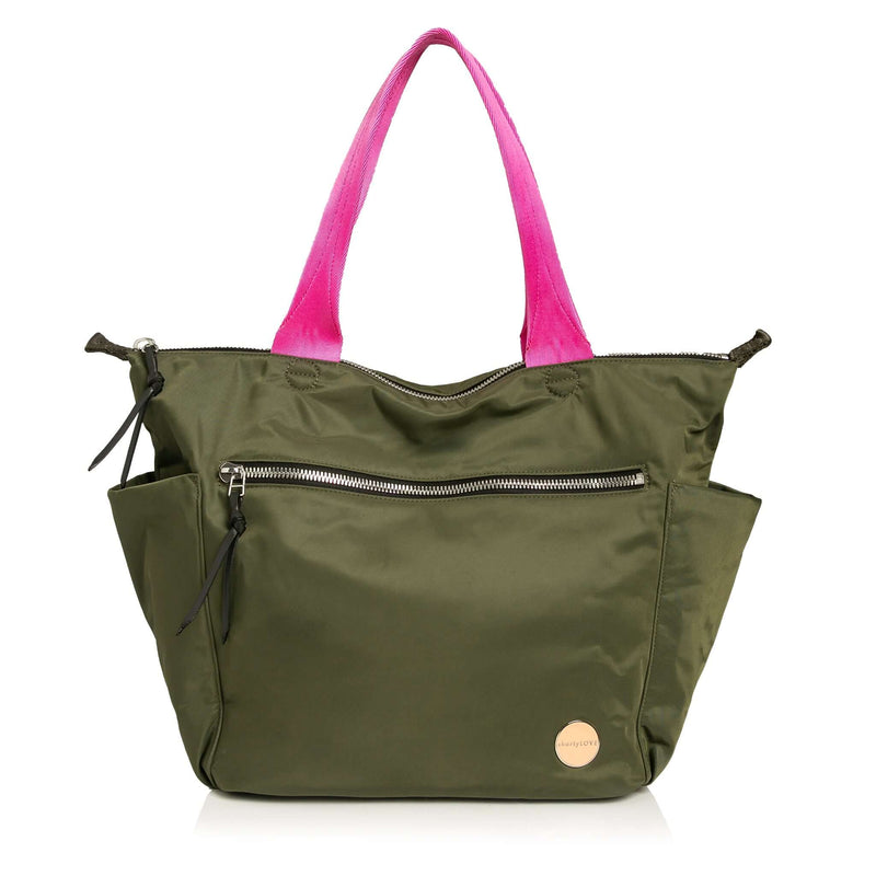 shortyLOVE tillie tote bag in army green; front view against white background.