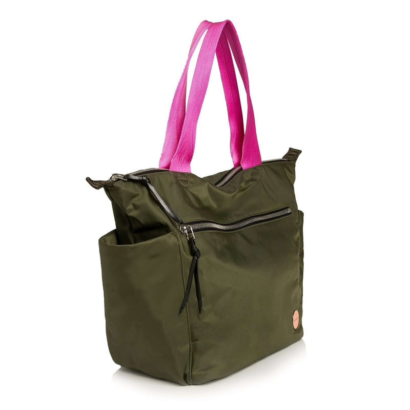 shortyLOVE tillie tote bag in army green; side angle view against white background.