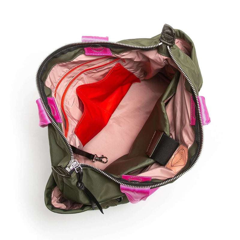 shortyLOVE tillie tote bag in army green; top-down view showing interior pink lining against white background.