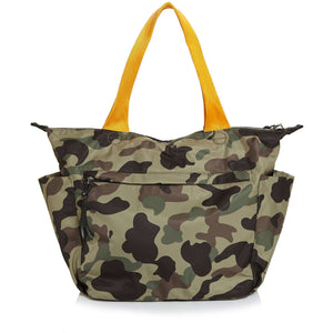 shortyLOVE tillie tote bag in green camo; back view against white background.