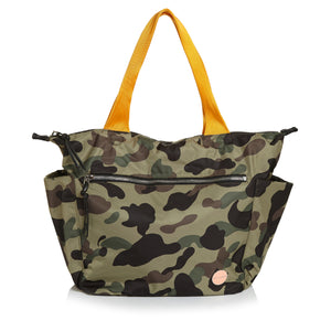 shortyLOVE tillie tote bag in green camo; front view against white background.