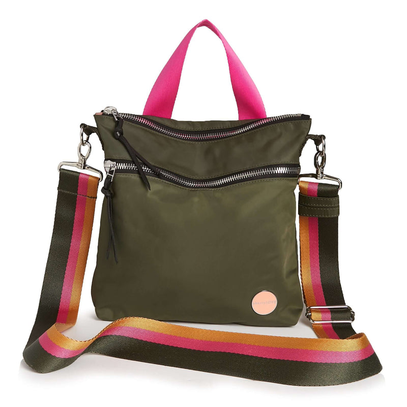 shortyLOVE boardwalk strap in green/yellow/fuchsia; shown with amuse bag in army green.